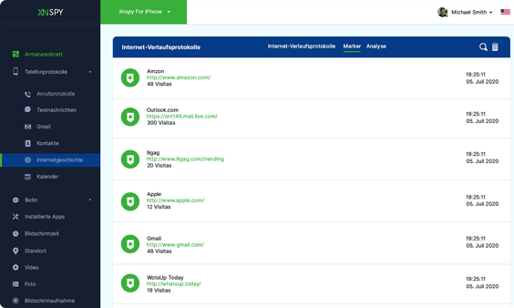 Xnspy-Dashboard zur Überwachung des Internetverlaufs