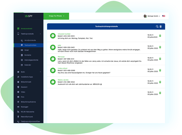 XNSPY-Dashboard für SMS-Tracking