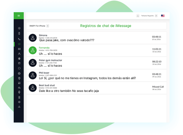 XNSPY dashboard for iMessage monitoring